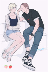 Rule 34 | 1boy, 1girl, apple, artist name, between legs, black footwear, black shirt, blonde hair, blue shirt, breasts, brown hair, collarbone, crossed arms, denim, denim shorts, emoji, facial scar, food, fruit, full body, hair between eyes, hand between legs, hand on own face, jake muller, jeans, long sleeves, looking at another, medium breasts, pants, pants rolled up, peach, resident evil, resident evil 6, sardine (kjr0313), scar, scar on cheek, scar on face, sherry birkin, shirt, shoes, short hair, shorts, sitting, sneakers, strappy heels, t-shirt, toeless footwear, very short hair, watch, white footwear, white shirt, wristband, wristwatch