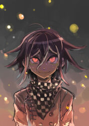 1boy black_hair checkered_clothes checkered_scarf closed_mouth danganronpa_(series) danganronpa_v3:_killing_harmony embers false_smile hair_between_eyes highres kumakoro_(tetsupag) looking_at_viewer male_focus oma_kokichi red_eyes scarf shirt short_hair smile solo tears upper_body white_shirt