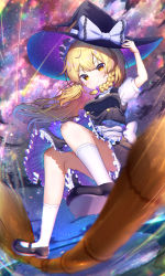 1girl black_hat blonde_hair blush braid broom broom_riding broom_surfing closed_mouth commentary_request floating_hair hand_up hat highres kiramarukou kirisame_marisa long_hair mary_janes shoes side_braid single_braid smile solo space star_(sky) touhou v-shaped_eyebrows white_legwear witch_hat yellow_eyes