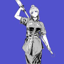 1girl breasts china_dress chinese_clothes dress fighting fighting_stance highres holding holding_weapon kokoro_no_koibito kung_fu kwan_dao_(weapon) large_breasts martial_arts monk original self-upload smile tangzhuang training weapon