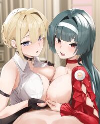 1boy 2girls astra_yao bare_shoulders black_gloves black_hair blonde_hair blush breasts breasts_squeezed_together choker collared_shirt cooperative_paizuri cropped_jacket earrings evelyn_chevalier gloves hair_ornament hairband hetero jacket jewelry large_breasts long_hair long_sleeves looking_at_viewer medium_hair multiple_girls nipples open_mouth oza_osuwari paizuri purple_eyes red_eyes red_jacket shirt sleeveless sleeveless_shirt smile teamwork_(sexual) textless_version white_shirt zenless_zone_zero