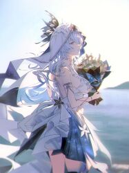 1girl absurdres armlet blue_hair blue_sky blurry blurry_background bouquet breasts commentary cowboy_shot day dress flower from_side highres hikaku_(siyrgr) holding holding_bouquet jewelry long_hair looking_at_viewer medium_breasts ocean outdoors parted_lips purple_eyes shorekeeper_(wuthering_waves) sideways_glance sky sleeveless sleeveless_dress solo veil white_dress white_veil wuthering_waves