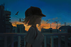1girl airool backlighting backpack bag bang_dream! bang_dream!_it&#039;s_mygo!!!!! baseball_cap black_hat blue_sky building car chinese_commentary city commentary_request dusk floating_hair flock from_side grey_shirt hat highres house looking_ahead medium_hair misumi_uika motor_vehicle multicolored_sky orange_sky outdoors parted_lips partial_commentary power_lines profile purple_eyes railing road shirt short_sleeves sky upper_body utility_pole