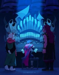 1boy 1girl 1other 2025 animal_ears armlet armor arms_behind_back artist_name black_boots black_jacket black_sleeves blue_hair boots bracelet cape commentary deltarune goat_boy goat_ears goat_horns green_robe hashtag-only_commentary highres horns instrument jacket jewelry kris_(dark_world)_(deltarune) kris_(deltarune) long_hair negio_(negi91_rb) organ_(instrument) piano_bench pink_cape pink_scarf pipe_organ purple_hair ralsei reptile_girl robe scarf short_hair sitting sleeveless sleeveless_jacket spiked_armlet spiked_bracelet spikes susie_(dark_world)_(deltarune) susie_(deltarune) white_fur