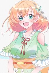 1girl aoku_haruka bare_shoulders bow clothing_cutout commentary_request flower_knot green_bow green_kimono hair_bow highres hinoshita_kaho japanese_clothes kimono link!_like!_love_live! looking_at_viewer love_live! obi obijime official_alternate_costume orange_hair orange_sash puffy_short_sleeves puffy_sleeves rindaypdx sash short_sleeves shoulder_cutout simple_background solo upper_body virtual_youtuber white_background