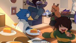 1boy 1other 3girls animal_ears annoyed antlers barefoot beak berdly_(deltarune) bird_boy black-framed_eyewear blonde_hair blue_feathers blue_pants brown_fur brown_hair carpet checkered_clothes checkered_sweater_vest checkered_vest couch cup deer_antlers deer_ears deer_girl deltarune denim eating eyelashes feathers food fork freckles furry furry_female glasses goat_girl green_sweater highres holding holding_fork holding_plate holding_tray hooves horns indoors jacket jeans kitchen knife kris_(deltarune) mother_and_child multiple_girls noelle_holiday on_couch open_clothes open_jacket open_mouth pants pie plate purple_jacket reindeer_antlers reindeer_girl reptile_girl shaded_face sharp_teeth single_horizontal_stripe smile socks susie_(deltarune) sweater teacup teapot teeth toriel tray two-tone_sweater_vest upper_teeth_only uri_(365mimimi) v-shaped_eyebrows vest