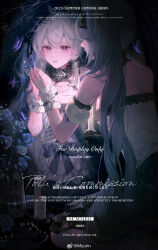 2girls bug butterfly candle commentary_request dress english_text flower hatsune_miku highres insect long_hair mirror multiple_girls original purple_eyes reflection rose tolu_ya twintails very_long_hair white_dress