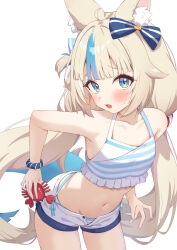 Rule 34 | 1girl, animal ears, aqua eyes, bare shoulders, blonde hair, blue hair, blue nails, blush, bow, cat ears, chahanramen, collarbone, crab, frills, hair bow, highres, indie virtual youtuber, kaniki (sameko saba), long hair, looking at viewer, low twintails, midriff, multicolored hair, nail polish, navel, one side up, open mouth, sameko saba, scrunchie, short shorts, shorts, simple background, solo, stomach, streaked hair, swimsuit, twintails, very long hair, virtual youtuber, white background, wrist scrunchie