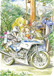1boy 2girls :d ;o apron ascot blonde_hair blue_eyes blush bow braid brown_eyes brown_hair choker detached_sleeves glasses hair_bow hair_tubes hakurei_reimu highres japanese_clothes kirisame_marisa long_hair long_sleeves master_(4th) morichika_rinnosuke motor_vehicle motorcycle multiple_girls no_headwear one_eye_closed open_mouth painting_(medium) short_hair silver_hair single_braid smile touhou traditional_media vehicle watercolor_(medium) wink yamaha yellow_eyes