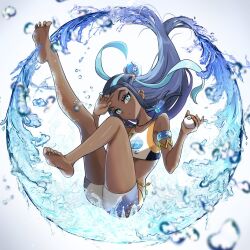 1girl armlet belly_chain blue_eyes blue_eyeshadow blue_hair crop_top dark-skinned_female dark_skin earrings eyeshadow hair_bun holding holding_poke_ball hoop_earrings jewelry long_hair looking_at_viewer makeup multicolored_hair necklace nessa_(pokemon) nintendo poke_ball pokemon pokemon_swsh setta_shu single_hair_bun thighs two-tone_hair water