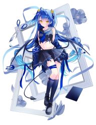 1girl absurdres ahoge amamiya_kokoro bare_shoulders bell belt black_sailor_collar black_serafuku black_shirt black_shoes black_skirt blue_hair blue_jacket blue_neckerchief blue_socks commentary_request crop_top crop_top_overhang demon_tail full_body highleg highres holding holding_polearm holding_weapon jacket jingle_bell kneehighs long_hair looking_at_viewer midriff miniskirt navel neckerchief nijisanji off_shoulder panty_straps polearm sailor_collar school_uniform serafuku shirt shoes skirt sleeveless sleeveless_shirt socks solo stomach tail thigh_belt thigh_strap trident two_side_up ureinnn very_long_hair virtual_youtuber weapon yellow_eyes