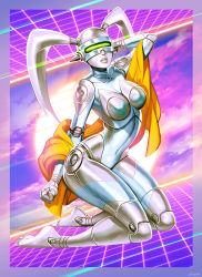 1girl adapted_costume breasts completely_nude cosplay duraludon duraludon_(cosplay) gen_8_pokemon genzoman grid highres kneeling large_breasts legs_together mechabare mechanization nude orange_shawl rainbow_mika robot shawl solo street_fighter synthwave towel twintails