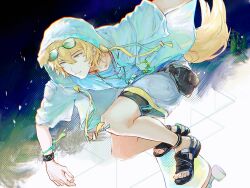 1boy animal_ears anklet arknights black_background black_sandals blonde_hair blue_background blue_eyes blue_vest bracelet chinese_commentary closed_mouth collarbone commentary_request dog_boy dog_ears dog_tags dog_tail eyewear_on_head glitch grey_shorts hair_between_eyes hand_up highres hood hood_up hooded_jacket jacket jewelry looking_to_the_side male_focus messy_hair multiple_bracelets multiple_necklaces necklace open_clothes open_jacket sandals see-through_clothes see-through_sleeves shorts skateboard skateboarding smtter748 solo sunglasses tail tequila_(arknights) thick_eyebrows thigh_strap tied_hoodie_strings vest wheel