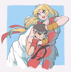 Rule 34 | 2boys, arm around neck, bare shoulders, belt, black belt, blonde hair, blue eyes, brown eyes, brown hair, commentary request, cropped legs, dougi, fingerless gloves, gloves, hair tie, hand on another&#039;s arm, headband, highres, ken masters, long hair, looking at another, male focus, mista0930, mma gloves, multiple boys, noogie, open mouth, pants, red dougi, red gloves, ryu (street fighter), street fighter, street fighter zero (series), teeth, torn clothes, torn sleeves, upper teeth only, very long hair, white headband, white pants, yellow gloves