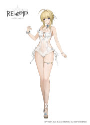 1girl absurdres ahoge bare_legs bare_shoulders bead_bracelet beads blonde_hair blue_eyes bow bracelet breasts canary_(rememento) cleavage cleavage_cutout closed_mouth clothing_cutout copyright_name copyright_notice full_body hair_bow halterneck highres jewelry light_smile logo looking_at_viewer medium_breasts official_art one-piece_swimsuit rememento:_white_shadow sandals short_hair side_cutout sidelocks single_wrist_cuff solo standing swimsuit tachi-e thigh_strap white_background white_bow white_one-piece_swimsuit white_wrist_cuffs wrist_cuffs