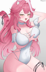 1girl absurdres animal_ears arm_up blush breasts cat_ears cat_girl cat_tail choker cleavage grabbing_own_breast highres hololive hololive_english large_breasts long_hair multicolored_hair one-piece_swimsuit open_mouth pink_hair raora_panthera smile solo streaked_hair swimsuit tail very_long_hair virtual_youtuber white_choker white_one-piece_swimsuit yahnuko yellow_eyes