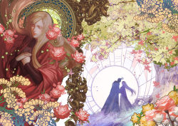 Rule 34 | 1boy, 1girl, blonde hair, breasts, closed mouth, devil may cry (series), dress, et.m, eva (devil may cry), flower, horns, light brown hair, long hair, own hands together, silhouette, sparda, standing, tagme, very long hair