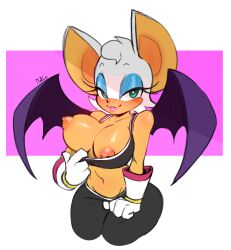 1girl absurdres animal_ears animal_nose aqua_eyes artist_name bare_shoulders bat_ears bat_girl bat_wings blue_eyeshadow blush breasts clothes_pull collarbone commentary crop_top cropped_legs dark-skinned_female dark_skin elbow_gloves english_commentary eyeshadow flipped_hair furry furry_female gloves groin half-closed_eyes highres large_breasts lipstick looking_at_viewer makeup malcontent midriff navel nipples one_breast_out pants pink_lips puffy_nipples raised_eyebrows rouge_the_bat rouge_the_bat_(riders) shiny_skin short_hair signature simple_background smile solo sonic_(series) sonic_riders sonic_riders_(series) sports_bra white_gloves white_hair wide_hips wings