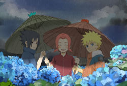 Rule 34 | 1girl, 2boys, black hair, blonde hair, blue eyes, blush, closed eyes, facial mark, flower, haruno sakura, hydrangea, multiple boys, n y, naruto, naruto (series), pink hair, rain, short hair, smile, team 7 (naruto), uchiha sasuke, umbrella, uzumaki naruto, whisker markings