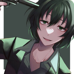 1boy black_hair green_background green_eyes gun gun_to_head highres holding holding_gun holding_weapon male_focus nathu_mochi niccolo_carpediem servamp short_hair weapon