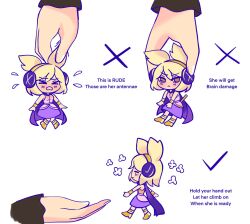 &gt;_&lt; 1girl :o blonde_hair brown_eyes cape checkmark commentary dress earmuffs english_text highres how_to_hold_x_(meme) meme mini_person minigirl pointy_hair purple_cape purple_skirt shoes short_hair shygardeneel simple_background skirt solo_focus tearing_up touhou toyosatomimi_no_miko white_background x yellow_shoes