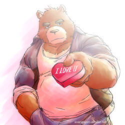 1boy animal_ears bara bear_boy bear_ears belly blue_jacket blue_pants brown_fur closed_mouth commentary_request english_text furry furry_male hand_in_pocket incoming_gift jacket juuichi_mikazuki looking_at_viewer male_focus morenatsu pants plump tank_top track_jacket track_pants ucchinu white_background white_tank_top