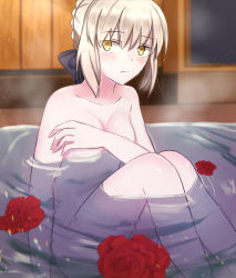 1girl :s absurdres arm_support artoria_pendragon_(fate) bath black_ribbon blonde_hair blush braid breasts covering_breasts covering_privates fate_(series) flower french_braid highres looking_at_viewer nude partially_submerged petals ribbon rose_petals saber_(fate) saber_alter sii_artatm small_breasts solo steam yellow_eyes