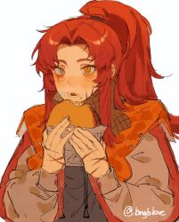 1girl alternate_costume bngb_love brown_scarf burger eating food gebura_(project_moon) grey_eyes grey_jacket heterochromia highres holding holding_burger holding_food jacket library_of_ruina long_hair long_sleeves looking_at_viewer parted_bangs ponytail project_moon red_hair scar scar_across_eye scar_on_face scarf sidelocks simple_background solo upper_body white_background yellow_eyes