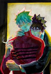 Rule 34 | 2boys, black hair, cigarette, closed eyes, grey hair, hair between eyes, hatake kakashi, highres, hug, jacket, male focus, mole, mole under mouth, multiple boys, naruto (series), naruto shippuuden, ppposter, scar, scar on face, short hair, smoke, spiked hair, uchiha obito, yaoi