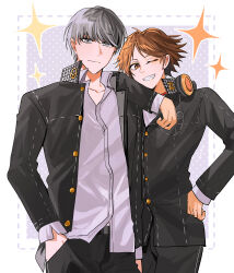 Rule 34 | 2boys, absurdres, black jacket, black pants, brown hair, closed mouth, cowboy shot, fsmaichobpeg0, grey hair, grin, hanamura yousuke, highres, jacket, male focus, multiple boys, narukami yu, pants, persona, persona 4, short hair, smile, sparkle, teeth