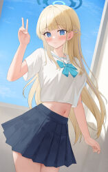 1girl alternate_costume arm_at_side black_skirt blonde_hair blue_archive blue_bow blue_bowtie blue_eyes blue_hair blue_halo blue_sky blush bow bowtie braid breasts closed_mouth cloud commentary cowboy_shot crop_top day fingernails half_up_braid halo hand_up highres indoors light_particles long_hair looking_at_viewer medium_breasts midriff miniskirt multicolored_hair navel pleated_skirt sailor_collar school_uniform serafuku shirt short_sleeves sidelocks skirt sky solo standing streaked_hair toki_(blue_archive) two-tone_hair v veilion very_long_hair white_sailor_collar white_shirt window