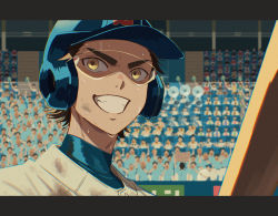 1boy ace_of_diamond band_(music) baseball_bat baseball_helmet baseball_jersey blue_headwear blurry blurry_background brown_hair crowd dangomochi2 dirty dirty_clothes dirty_face grin helmet highres jersey looking_at_viewer male_focus miyuki_kazuya ouendan outdoors pom_pom_(cheerleading) smile solo_focus stadium sweat upper_body yellow_eyes