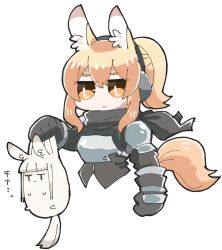 1girl animal animal_ear_fluff animal_ears arknights armor black_gloves breastplate dog-san dragon_bubble_(arknights) elbow_gloves gloves headset holding holding_animal horse_ears horse_girl horse_tail jitome multiple_girls nearl_(arknights) orange_eyes pauldrons platinum_(arknights) shoulder_armor simple_background sketch solo tail white_background
