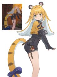 1girl animal_ear_fluff animal_ears bare_legs black_gloves black_shorts blue_bow blunt_bangs bow colored_inner_hair commentary cropped_jacket elbow_gloves fingerless_gloves from_side gloves green_eyes high-waist_shorts highres jacket ju_fufu looking_back multicolored_hair orange_hair orange_jacket pla0658 reference_inset short_shorts shorts simple_background smile solo tail tail_bow tail_ornament tiger_ears tiger_girl tiger_tail two-tone_hair white_background white_hair zenless_zone_zero