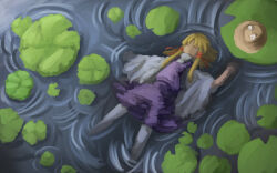 Rule 34 | 1girl, blonde hair, brown hat, closed eyes, closed mouth, commentary request, dress, full body, hat, lily pad, long hair, long sleeves, lying, lying on water, moriya suwako, on back, pinafore dress, purple dress, ripples, ritsuzou, shirt, sleeveless, sleeveless dress, smile, solo, touhou, unworn hat, unworn headwear, water, white shirt, wide sleeves