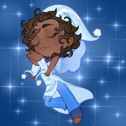1girl bare_shoulders blue_arm_warmers blue_background blue_boots blue_dress blue_hat blue_pants blue_wings boots brown_boots brown_hair chibi closed_eyes closed_mouth commentary commission dark-skinned_female dark_skin dress english_commentary eyelashes fairy fairy_wings hat highres light_blush lips long_dress magical_girl messy_hair multicolored_boots nightcap original own_hands_together pants pants_under_dress pom_pom_(clothes) short_hair side_slit sleepy sleeveless sleeveless_dress smile solo sparkle thick_eyebrows two-tone_boots very_dark_skin wikate wings winx_club