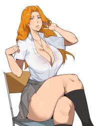 Rule 34 | 1girl, black socks, bleach, breasts, chair, cleavage, crossed legs, dr octojuice, grey eyes, grey skirt, highres, huge breasts, jewelry, karakura high school uniform, lips, long hair, matsumoto rangiku, necklace, orange hair, partially unbuttoned, school uniform, shirt, sitting, skirt, socks, thick thighs, thighs, white shirt