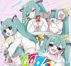 1girl :3 aqua_hair black_sclera blush closed_mouth colored_sclera dot_nose english_text eyebrows_hidden_by_hair fang female_focus full_body grey_eyes half-closed_eyes hatsune_miku kneeling kusogaki laughing loli long_hair long_sleeves looking_at_viewer meemz_a mimukauwa_nice_try_(vocaloid) multiple_views naked_shirt open_mouth pink_background pov shirt simple_background smug socks twintails uno_(game) upper_body vocaloid white_shirt white_socks