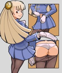 1girl ass bent_over blonde_hair capcom gloves highres ingrid_(capcom) long_hair looking_at_viewer looking_back multiple_views panties pantyhose pink_lips pulling_own_clothes red_eyes skirt solo street_fighter underwear undressing white_panties