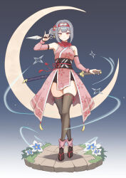 1girl \m/ absurdres arm_up armpits bare_shoulders black_boots boots brown_thighhighs byblis_(epic_seven) closed_mouth commentary_request crescent_moon crossed_legs detached_sleeves dress epic_seven full_body grey_hair hair_bun highres holding holding_kunai holding_weapon japanese_clothes katana konjou kunai long_sleeves looking_at_viewer moon ninja obi pelvic_curtain pink_dress red_eyes red_scarf sash scarf short_hair single_side_bun sleeveless sleeveless_dress smile solo standing sword thighhighs thighs watson_cross weapon