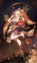 1girl absurdres armpits artist_name blonde_hair cityscape duplicate fireworks genshin_impact geta gloves hair_ornament highres long_sleeves pixel-perfect_duplicate rope shimenawa single_glove single_sock skirt socks water yellow_eyes yoimiya_(genshin_impact) yolanda