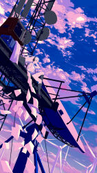 1girl absurdres arm_up black_socks blue_neckerchief blue_sailor_collar blue_skirt blue_sky closed_mouth cloud cloudy_sky commentary_request crt dusk dutch_angle emukami floating_hair flying_paper grey_eyes hand_on_headphones headphones highres knee_up kneehighs loafers long_hair long_sleeves neckerchief original paper pleated_skirt radio_telescope radio_tower sailor_collar scenery school_uniform serafuku shirt shoes sitting skirt sky socks solo television white_hair white_serafuku white_shirt wide_shot windmill
