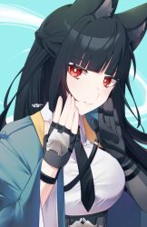 Rule 34 | 1girl, animal ear fluff, animal ears, aqua jacket, black hair, black necktie, blunt bangs, collared shirt, fingerless gloves, fox ears, fox girl, gloves, highres, hoshimi miyabi, jacket, kyabe54, long hair, necktie, red eyes, shirt, single fingerless glove, smile, upper body, white shirt, zenless zone zero