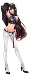 1girl belt black_belt black_footwear black_jacket black_nails blazer breasts brown_hair crop_top cropped_jacket crossed_bangs d4dj earrings gradient_hair grey_eyes groin high_heels highres himegami_shano jacket jewelry lapels large_breasts long_hair long_sleeves looking_at_viewer midriff multicolored_hair multiple_rings navel official_art pants reaching reaching_towards_viewer ring simple_background skinny_jeans solo standing straight_hair strapless torn_clothes torn_pants transparent_background very_long_hair white_pants