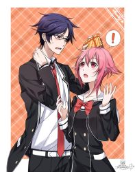 ! 1boy 1girl :o black_hair blue_hair blush chaos;child cowboy_shot gift glasses hand_on_own_neck looking_up miyashiro_takuru necktie onoe_serika open_mouth pink_hair red_eyes red_neckwear school_uniform shirt short_hair_with_long_locks sidelocks smile speech_bubble spoken_exclamation_mark sprintertomoe white_shirt