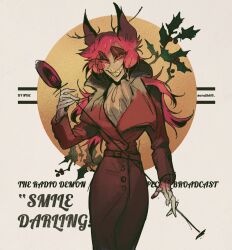 1girl alastor_(hazbin_hotel) antlers deer_antlers demon_girl evil_grin evil_smile formal_clothes genderswap genderswap_(mtf) grin hazbin_hotel highres horns looking_at_viewer monocle red_hair red_suit smile solo suit wraith615