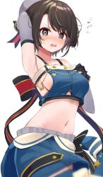 1girl @_@ adapted_costume aqua_eyes arm_up back_bow black_gloves blue_skirt blush bow breasts brown_hair crop_top elbow_gloves embarrassed flying_sweatdrops gloves grey_gloves grey_hat groin hai_0013 hat highres hololive layered_gloves looking_at_viewer medium_breasts midriff miniskirt navel nervous_sweating oozora_subaru oozora_subaru_(work) open_mouth sailor_hat short_hair sideboob sideless_shirt simple_background skirt sleeveless solo sweat swept_bangs tearing_up virtual_youtuber waist_bow white_background