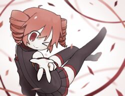 1girl ahoge bare_shoulders black_boots black_shirt black_skirt boots closed_mouth commentary confetti detached_sleeves drill_hair english_commentary kasane_teto looking_at_viewer meltypen miniskirt one_eye_closed pleated_skirt red_eyes red_hair ribbon shirt skirt sleeveless sleeveless_shirt smile solo thigh_boots thighhighs twin_drills utau w zettai_ryouiki