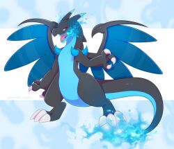 Rule 34 | black skin, bloominglynx, blue fire, charizard, claws, colored skin, dragon, fire, flame-tipped tail, gen 1 pokemon, highres, mega charizard x, mega pokemon, multicolored skin, nintendo, no humans, open mouth, pokemon, pokemon (creature), red eyes, solo, tail, two-tone skin, white skin, wings