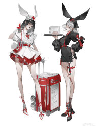 2girls absurdres animal_ears bare_legs belt black_dress black_footwear black_hair blunt_bangs bow brain chinese_commentary collared_dress dress earrings fake_animal_ears food full_body gloves grey_eyes grey_hair hand_on_own_hip hat head_tilt high_heels highres holding jewelry knife long_hair long_sleeves looking_at_viewer multiple_girls nurse nurse_cap original piercing plate puffy_short_sleeves puffy_sleeves rabbit_ears red_belt red_bow red_ribbon ribbon rolling_suitcase short_dress short_hair short_sleeves simple_background skirt socks standing suitcase thigh_strap watermark weibo_watermark white_background white_dress white_footwear white_gloves white_hair white_socks youzhi